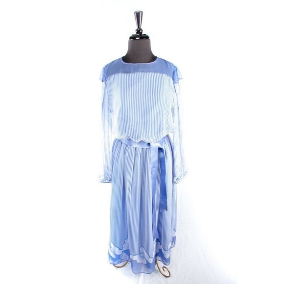 Vtg Lord & Taylor Blue And White  Stripe Dress With Belt Bows Imprinted On Base - Picture 1 of 8